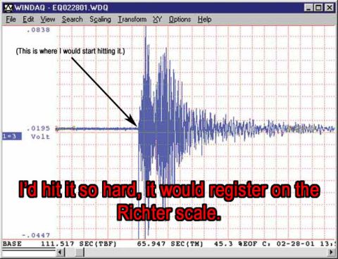 1992 Ford Taurus - A seismic graph displays data with text overlay humorously suggesting an impact would register on the Richter scale.