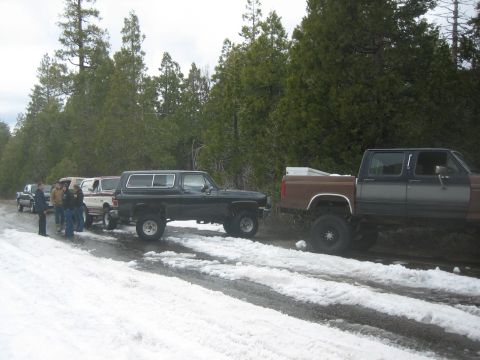 1995 Ford Bronco - A line of SUVs and trucks are parked on a snow-covered road in a wooded area.