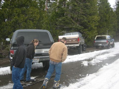 1995 Ford Bronco - Several trucks and an SUV are parked on a snow-covered road in a wooded area.