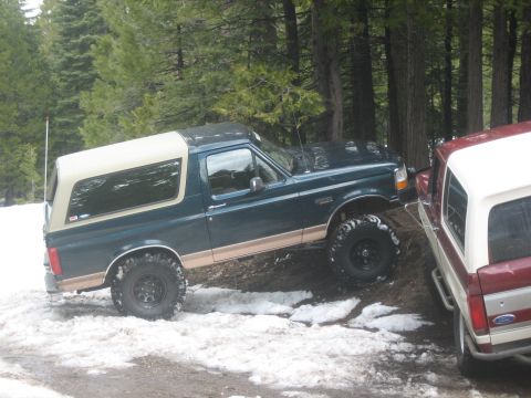 1995 Ford Bronco - Two trucks are parked on a snowy, wooded trail, with one vehicle slightly angled uphill.