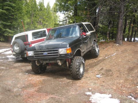 1995 Ford Bronco - Two SUVs, a black Bronco and a red and white model, are parked on a dirt trail surrounded by trees.