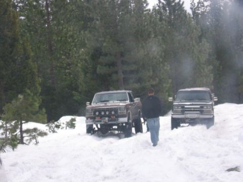 1989 Ford Bronco - Two trucks navigate a snowy terrain with dense trees in the background.