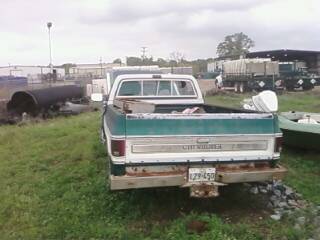 1979 Chevrolet Cheyenne - Rear view of a two-tone green and white Chevrolet Cheyenne pickup truck, with visible rust on the bumper and tailgate.