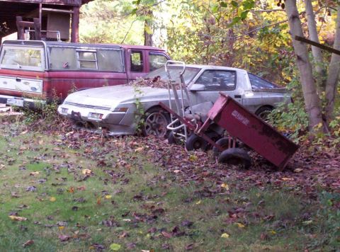 1995 Ford Probe - Two old vehicles sit abandoned in a yard covered with fallen leaves, with a garden cart nearby.