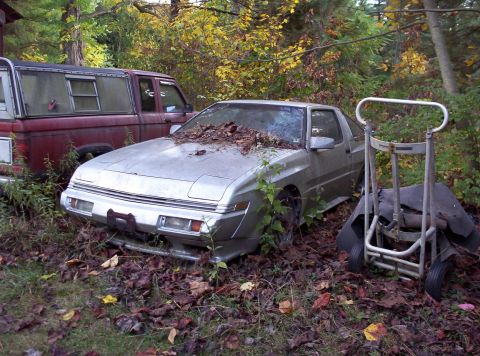 1995 Ford Probe - Abandoned silver coupe and red pickup truck sit in an overgrown yard with autumn leaves on the ground.
