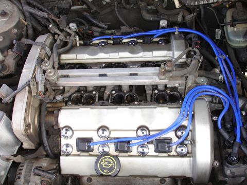 1992 Ford Taurus - Close-up view of a car's engine bay, showing spark plug wires and valve covers.