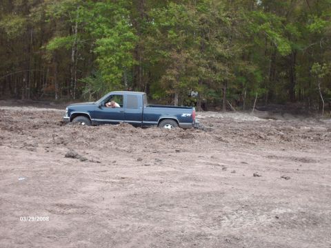 1982 Ford F-100 - A blue pickup truck is stuck in the mud, with trees visible in the background.