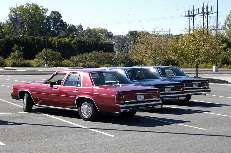 Red and dark full-size Ford sedans parked rear three-quarter in a lot