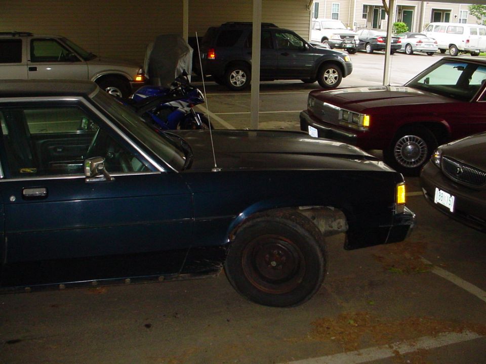 Front half of a dark blue 1980s sedan with black hood and bare steel wheel under a carport