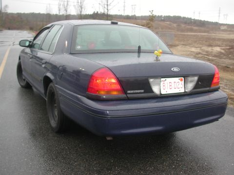 1999 Ford Crown Victoria - Rear view of a dark blue sedan with a license plate reading 81BD23 and a rubber duck on the trunk.