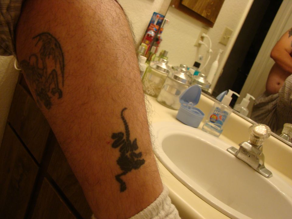 Tattoo of a dragon on a leg, with a dinosaur tattoo below it. Bathroom sink and mirror in background