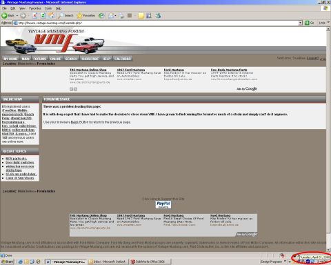 1968 Ford Mustang - A screenshot shows a Vintage Mustang Forum webpage displaying a message about the forum closing down.