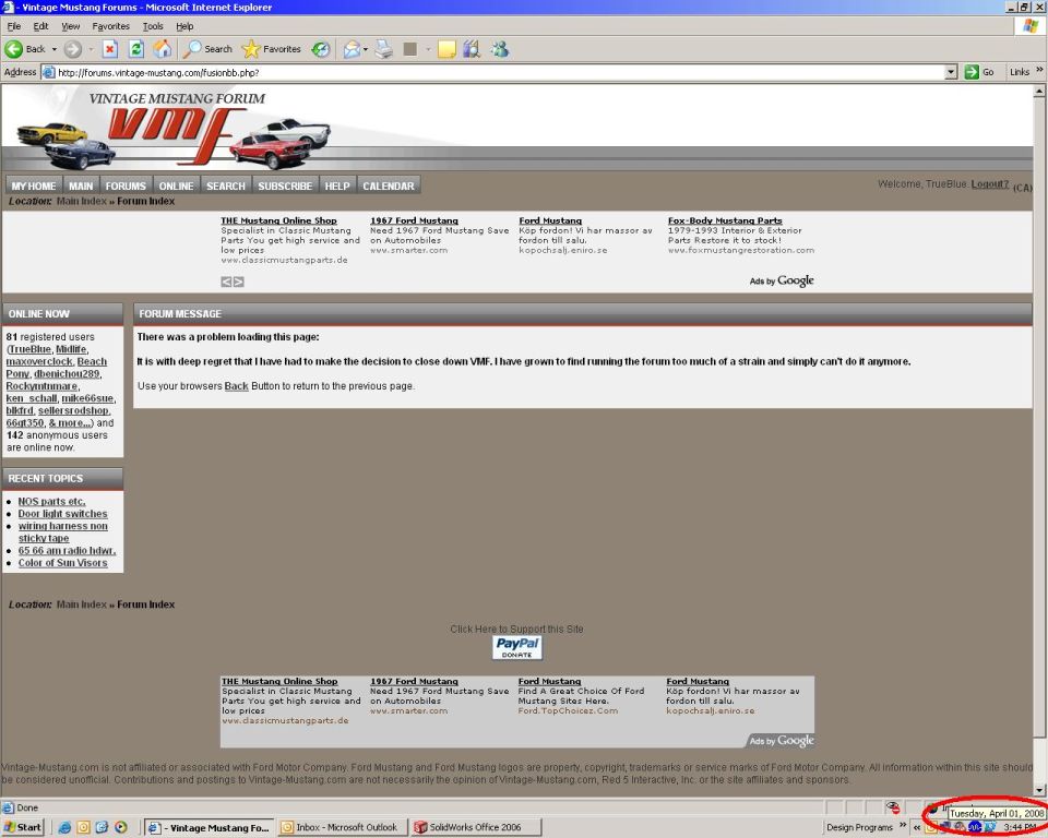 Vintage Mustang Forum browser screenshot of forum closure message page