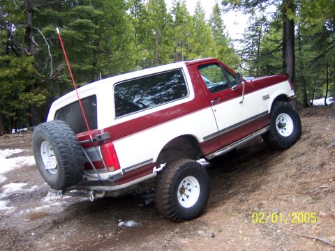 1991 Ford Bronco - This two-tone Ford Bronco is shown off-road in a wooded area.