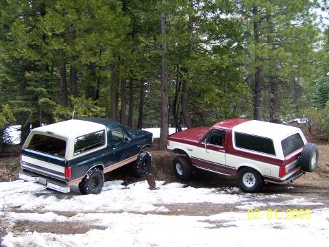 1991 Ford Bronco - Two Ford Broncos are parked in a snowy forest, one dark green and white, the other red and white.