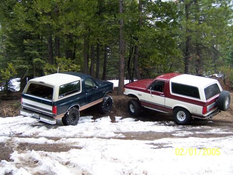 1991 Ford Bronco - Two Ford Broncos navigate a snowy trail surrounded by pine trees. The date 02/01/2005 is visible in the lower right corner.