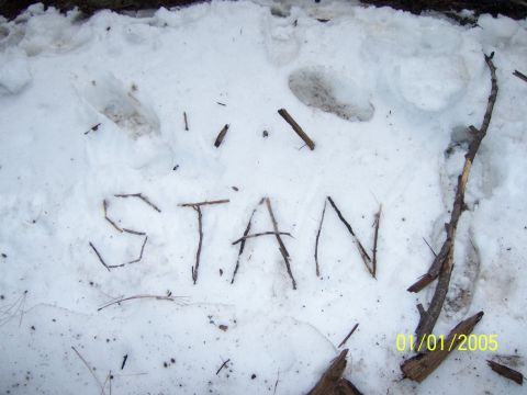1991 Ford Bronco - Sticks form the name 'STAN' in the snow, with a date stamp of January 1, 2005.