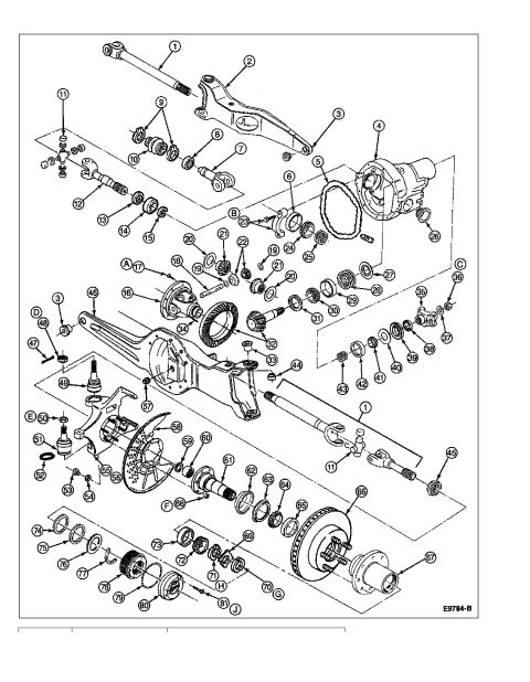 1996 Ford Bronco - Exploded parts breakdown of a front drive axle and differential showing numbered components and brake rotor.