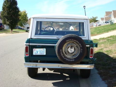 1977 Ford Bronco - Rear view of a 1977 Ford Bronco, showing the spare tire and North Carolina license plate.