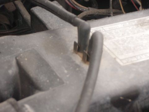 1987 Ford Bronco - A close-up view of engine bay components, including wiring and a label with text.