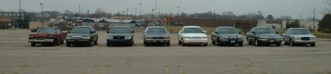 1998 Ford Crown Victoria - A row of sedans, including Ford Crown Victorias, are parked in an outdoor lot under an overcast sky.
