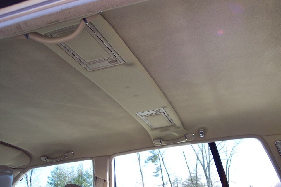 Tan car interior ceiling with two overhead lights and grab handles