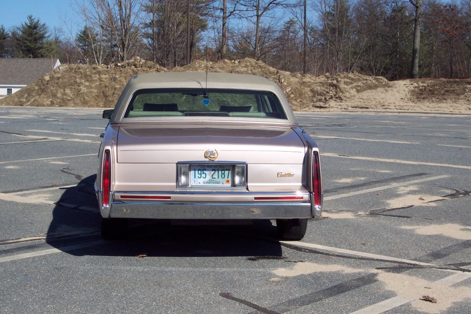 Rear view of a tan Cadillac sedan parked in a lot. License plate reads 195 2187