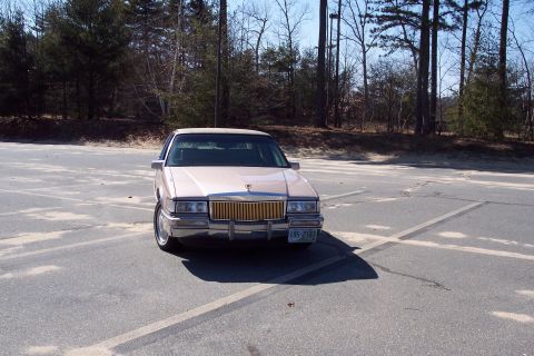 2001 Ford Crown Victoria - A tan Cadillac sedan is parked in an empty lot with trees in the background.