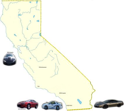 1989 Ford Bronco - Map of California showing locations with inset photos of various cars.