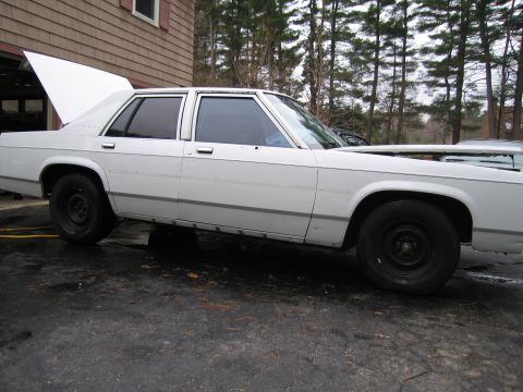 1991 Ford LTD Crown Victoria - White 1991 Ford Crown Victoria LTD sedan parked outside with its trunk open.