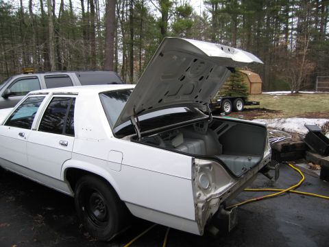 1991 Ford LTD Crown Victoria - A white sedan sits in a driveway with its trunk open, revealing an empty cargo area.