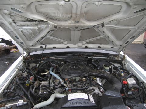 1991 Ford LTD Crown Victoria - The engine bay of a 1991 Ford Crown Victoria LTD, its V8 engine and clear labeling for the fan.