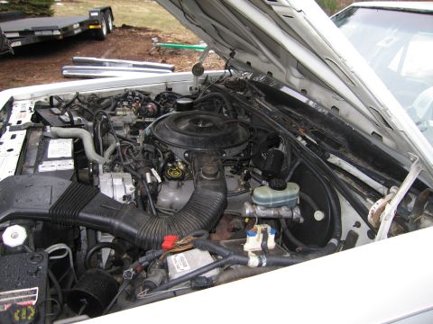1991 Ford LTD Crown Victoria - The engine compartment of a 1991 Ford Crown Victoria LTD is visible with the hood open.