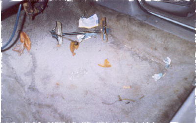 1991 Ford Crown Victoria - The interior floor of a vehicle is covered in debris, including leaves and wrappers.