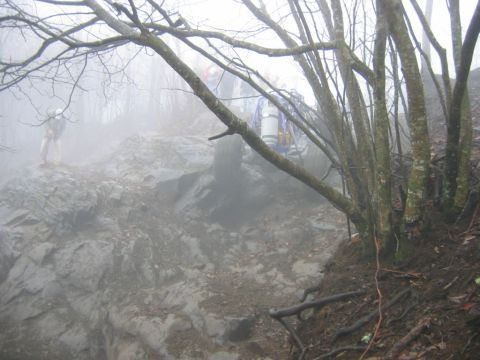 1992 Ford Mustang - An off-road vehicle tackles a challenging, fog-obscured rocky incline.
