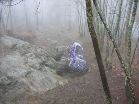 1992 Ford Mustang - An off-road buggy tackles a challenging, wet terrain on a misty day, surrounded by trees.