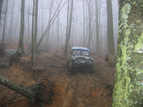 1992 Ford Mustang - An off-road vehicle navigates a steep, muddy trail surrounded by trees in a foggy environment.