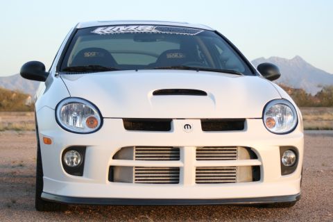 1996 Ford Probe - A white Dodge Neon SRT-4 is shown from the front, with a scoop on the hood and intercooler behind the grille.