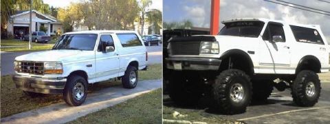 1995 Ford Bronco - Two white Ford Broncos are shown, one stock and one heavily modified with large tires.