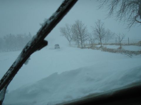 1990 Ford Bronco - A vehicle is barely visible in a blizzard, with snow covering the landscape and trees.