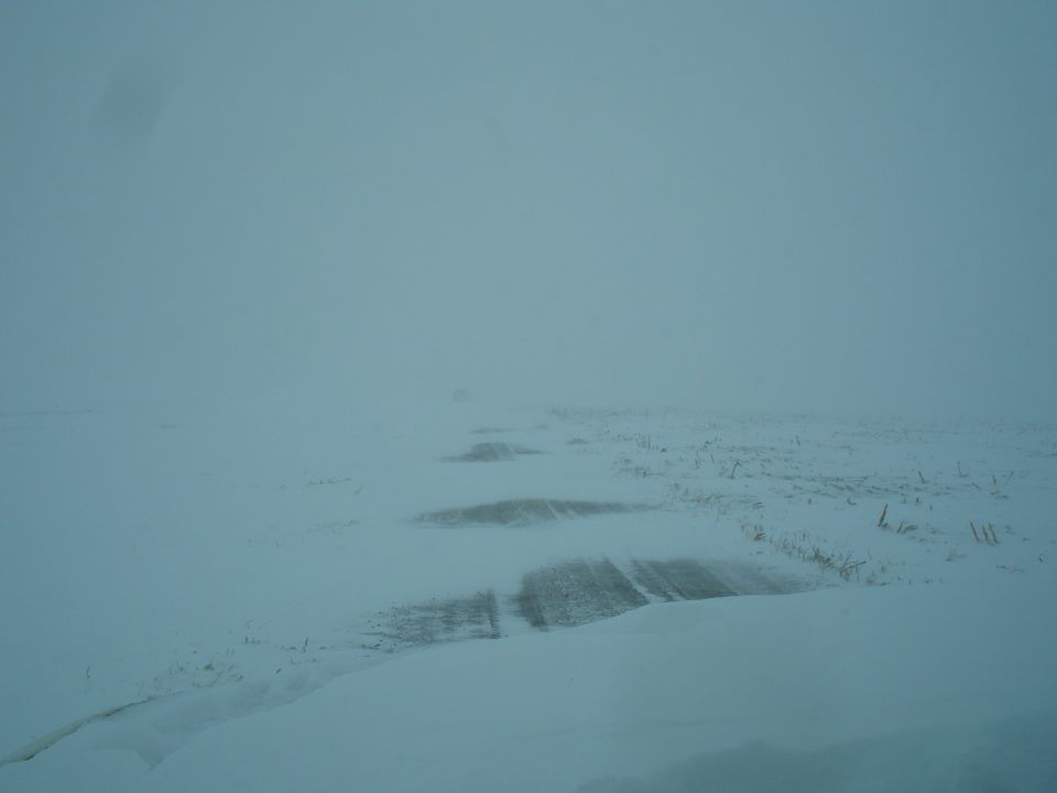 Snowy road with tire tracks visible through blowing snow