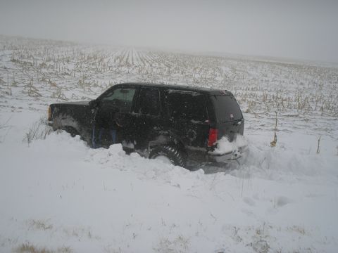 1990 Ford Bronco - A black SUV is stuck in a snow-covered field with rows of corn stalks visible in the background.