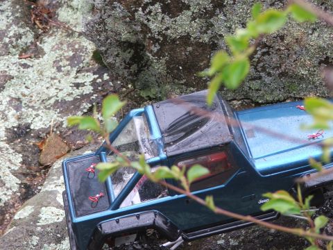 1996 Ford Bronco - A remote-controlled Jeep truck is positioned on a rocky surface, partially obscured by green branches.