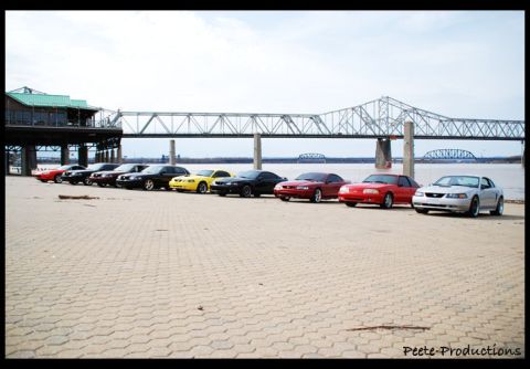 2003 Mercury Marauder - A collection of Ford Mustangs are lined up on a paved area near a waterfront with a large bridge overhead.