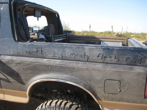 1991 Ford Bronco - This Ford Bronco has custom text scratched into its side, indicating it's not a vehicle.