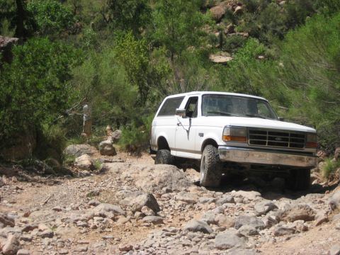 1991 Ford Bronco - White Ford Bronco driving on a rocky trail in a natural, outdoor setting.