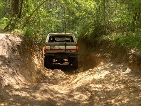 1987 Ford Bronco - Ford Bronco navigates a challenging off-road trail surrounded by dense forest.