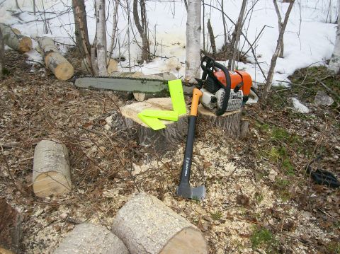2000 Chevrolet Tahoe - Tools for cutting wood are laid out in a snowy, wooded area.