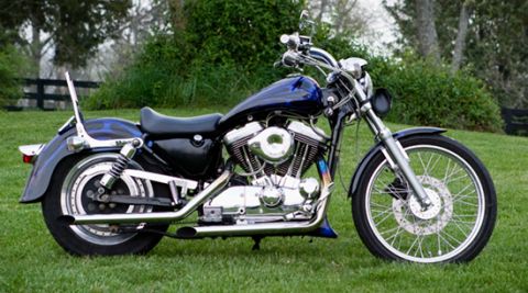 2005 Ford Crown Victoria - A blue motorcycle with chrome accents is parked on a grassy lawn.