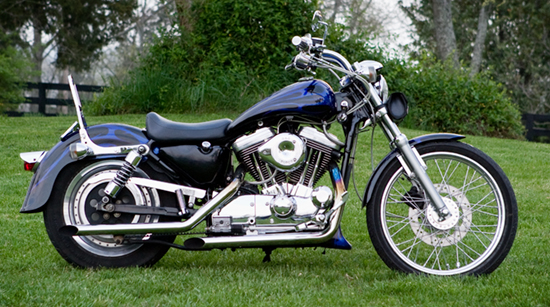 Blue motorcycle parked on grass, side view